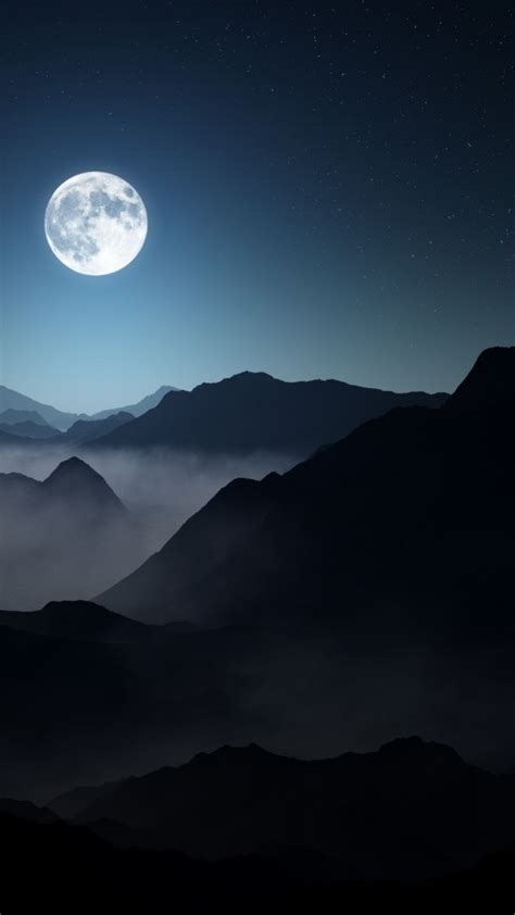 Download 1080x1920 Moon Night Mountains Mist Stars