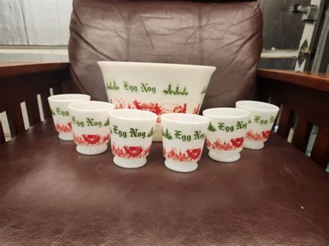 VTG TOM JERRY Egg Nog Punch Bowl 6 Cups Milk Glass Set Christmas