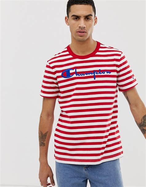 Champion Striped T Shirt With Large Logo In Red Asos