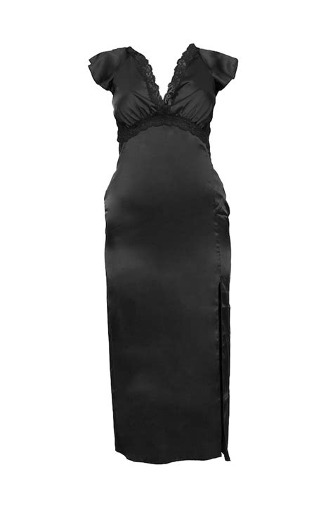 Black Lace Trim Cap Sleeve Split Satin Midi Dress Prettylittlething