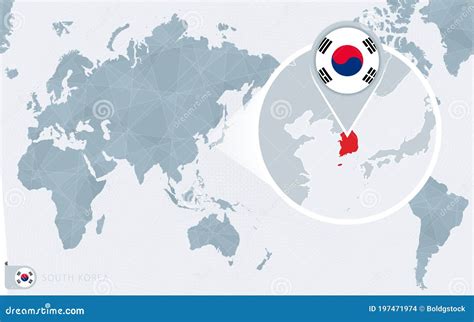 Pacific Centered World Map With Magnified South Korea Flag And Map Of