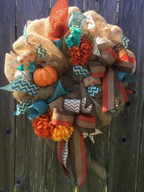 Orange And Teal Fall Wreath By Buddingflowerdesigns On Etsy Burlap