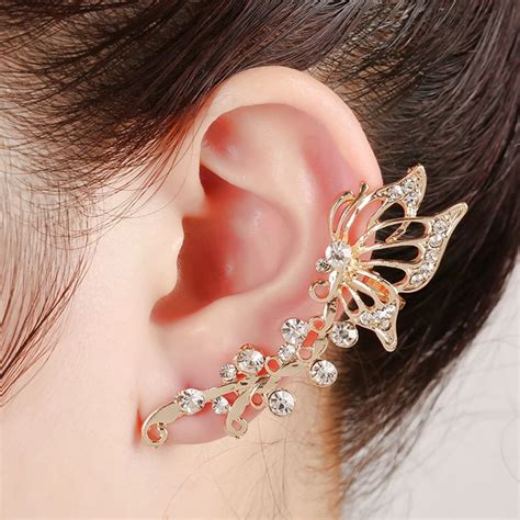 Buy Elegant Retro Gold Crystal Butterfly Flower Ear Cuff Earing Wrap Clip On