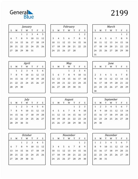 2199 Blank Yearly Calendar Printable