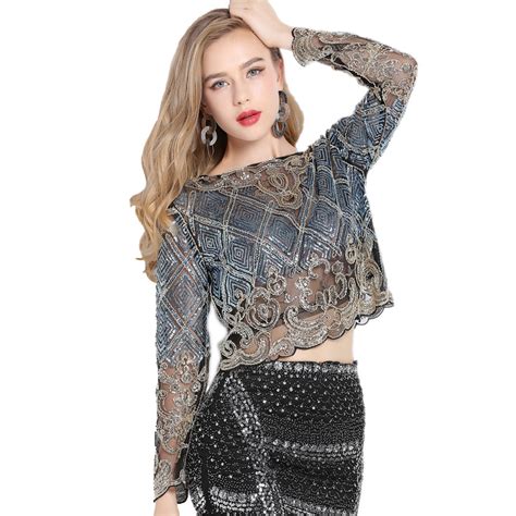 Bling Sheer Body Crop Top Lace Mesh Floral Embroidery Sequin Beading