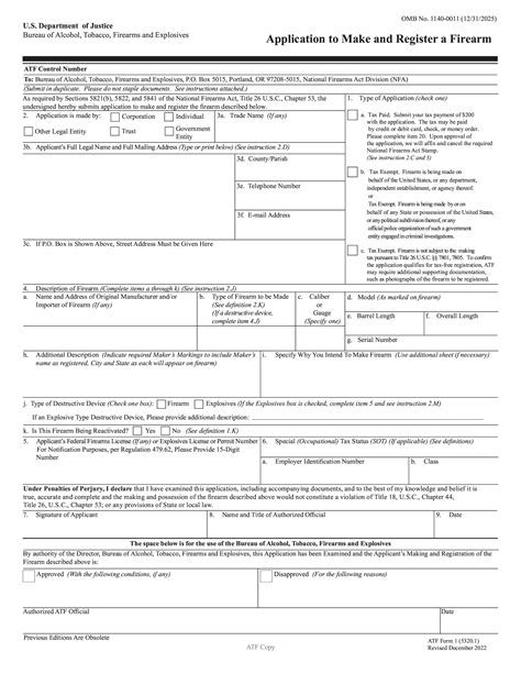 Atf Form 1 Application To Make And Register A Firearm Atf Form 53201