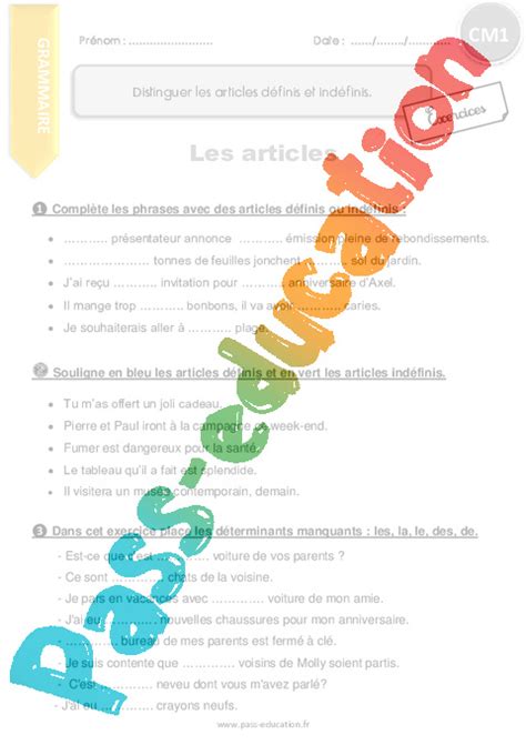 Distinguer Les Articles Définis Et Indéfinis Cm1 Exercices à