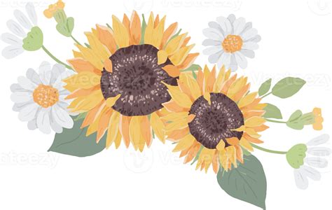 Watercolor Hand Draw Cute Yellow Sunflower And White Daisy Flower