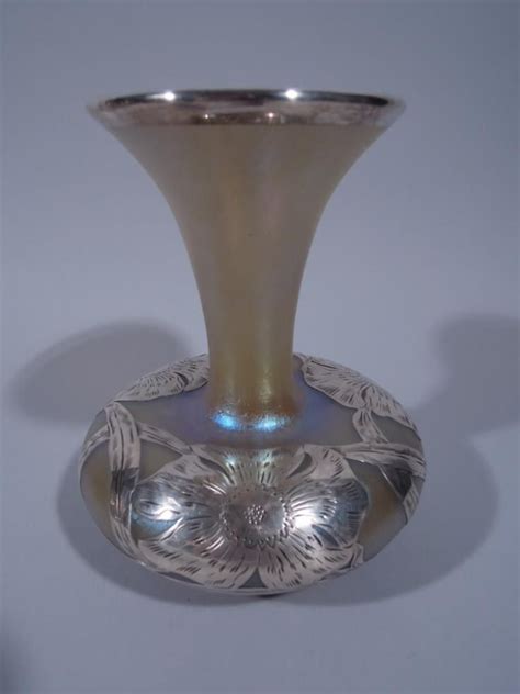 An Exceptional Art Nouveau Sterling Silver Overlay Vase By Art Nouveau Sterling Iridescent