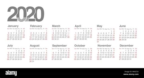Calendar 2020 Year Black And White Vector Template Week Starts On