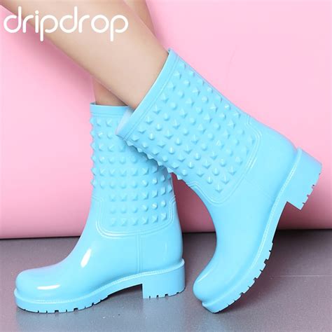 Dripdrop Rubber Rain Boots Fashion Women Rivets Colorful Rain Boots Non