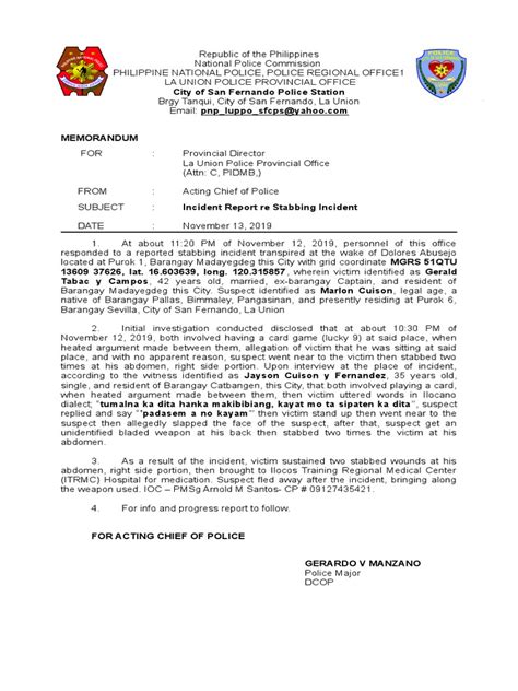 Spot Report Re Stabbing Incident Pdf Law Enforcement Crime And Violence
