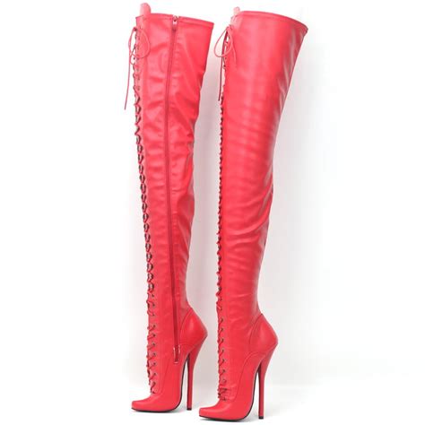 Matt Red Crotch Thigh Boots 7inch Stiletto High Heel Pointed Toe Fetish Ballet Lace Up Thigh