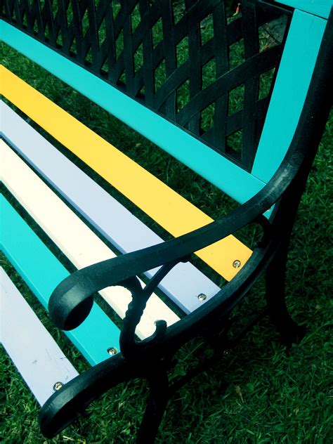 Wrought Iron Park Bench Painted In Bright Retro Colours Outdoor Garden
