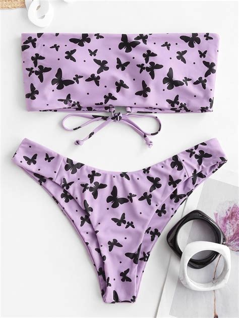 Zaful Butterfly Print Lace Up Bandeau Bikini Swimwear Swimwear