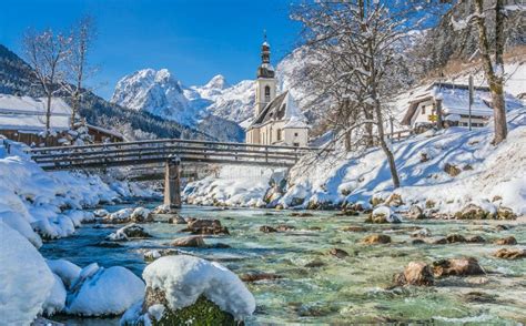 Winter Landscape In The Bavarian Alps With Church Ramsau Germany
