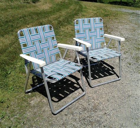 Pair Vintage Aluminum Webbed Folding Lawn Chairs Blue And White White Webbedlawnchairs Home