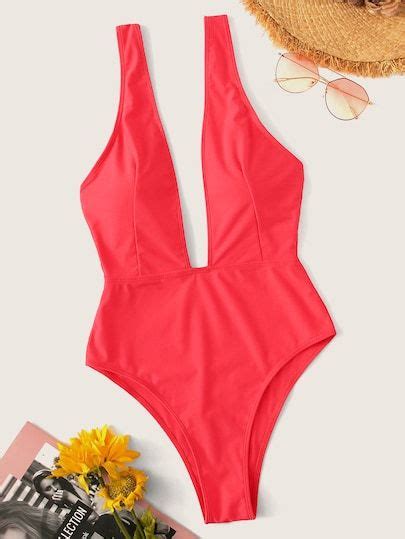 Product Name Neon Red Plunge Neck One Piece Swimsuit At Shein