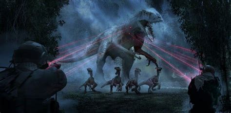 Concept Art Of Ingen Troops Aiming At The Indominus Rex And Raptors From Jurassic World 2015