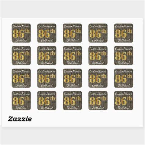 Faux Wood Faux Gold 86th Birthday Custom Name Square Sticker Zazzle