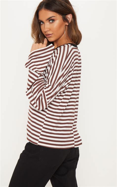 Brown Oversized Stripe Long Sleeve Top Tops Prettylittlething Ca