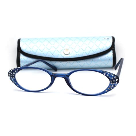 Womens Rhinestone Studded Oval Cat Eye Reading Glasses With Hard Case