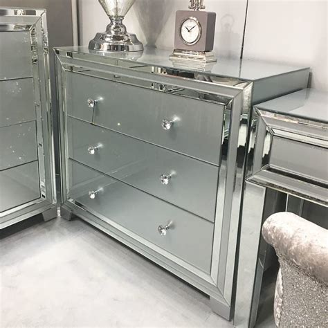 Madison Grey Glass 3 Drawer Mirrored Chest Of Drawers Cabinet Picture