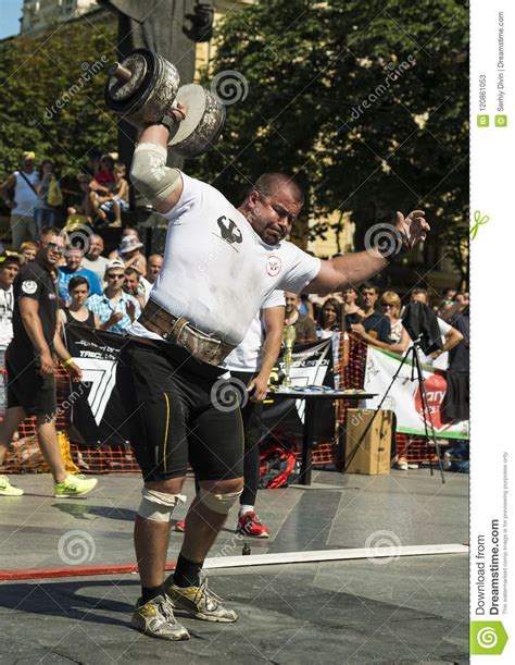 Strongman Competitions Raises Dumbbell Hand Editorial Stock Photo