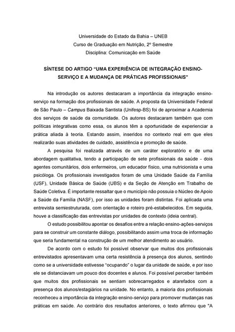 Síntese De Artigo Universidade Do Estado Da Bahia Uneb Curso De
