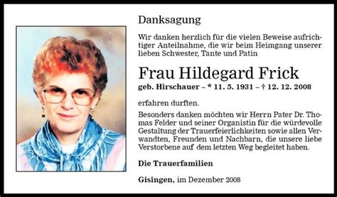 Todesanzeigen Von Hildegard Frick Todesanzeigen Vorarlberger Nachrichten