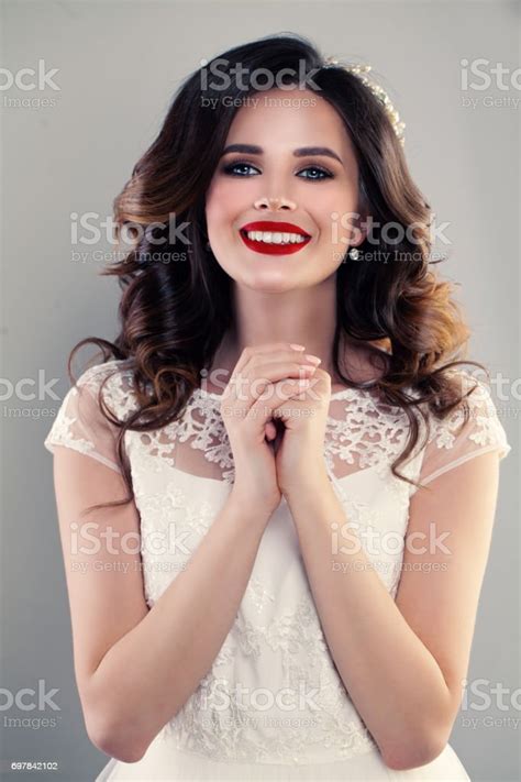 Gorgeous Woman Fashion Model Wearing White Dress Happy Girl With Curly