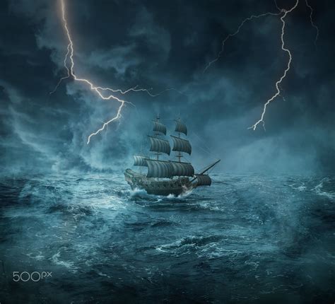 Ghost Ship Vintage Old Ship Sailing Lost In The Ocean In A Stormy
