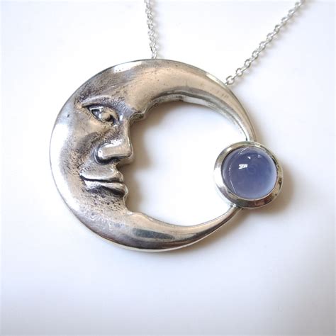 Crescent Moon Pendant Large Sterling Silver Man In The Moon Necklace