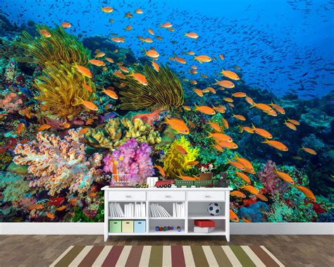 Colored Fish Corals Aquarium Wall Mural Fish World Wallpaper Etsy