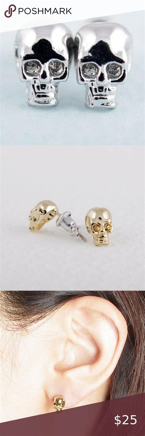 Silver Skull Skeleton Ghost Stud Pierced Earrings Earings Piercings