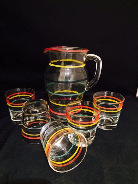 Striped Glass Pitcher And Matching Glasses By Missenpieces Vintage