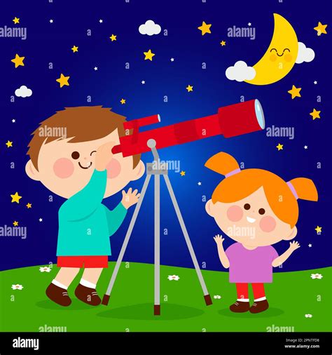 Children Watching The Night Sky With A Telescope Vector Illustration
