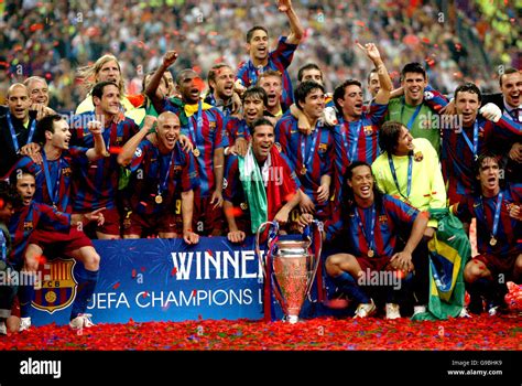 The Barcelona Team Celebrate With The Uefa Champions League Trophy
