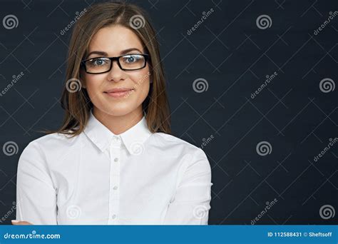 Close Up Face Portrait Of Smiling Business Woman Wearing Eyeglasses