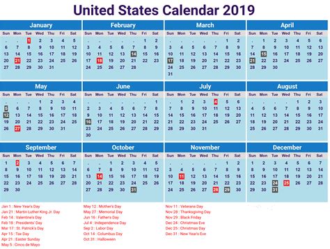 United States Calendar 2019 2019calendar 2019holidayscalendar