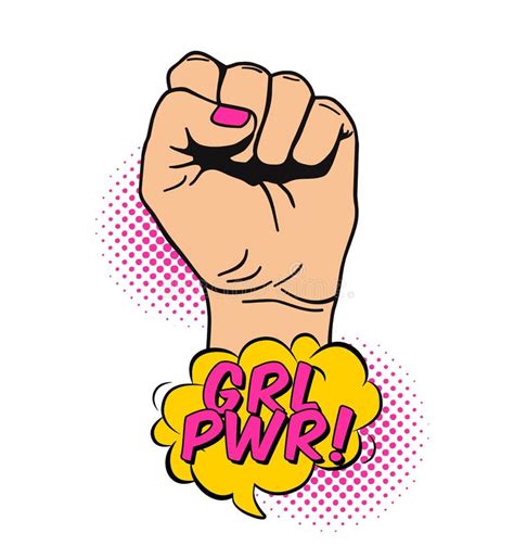 Vector Illustration Of Raised Women`s Fist In Pop Art Comic Style Placard With Women`s Rights