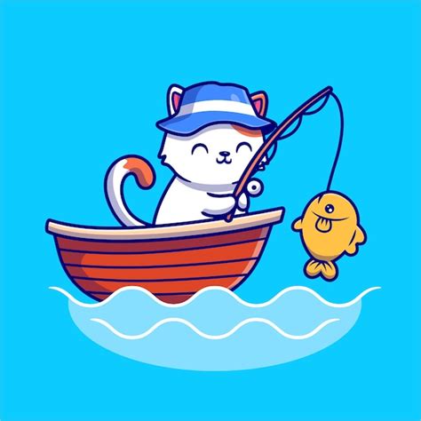 Premium Vector Cute Cat Fishing In The Sea On Boat Cartoon Icon
