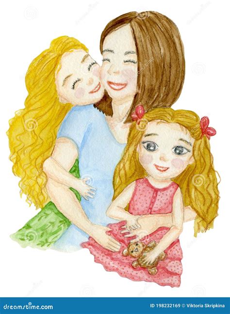 Mother With Two Daughters Illustration Drawn In Watercolor And