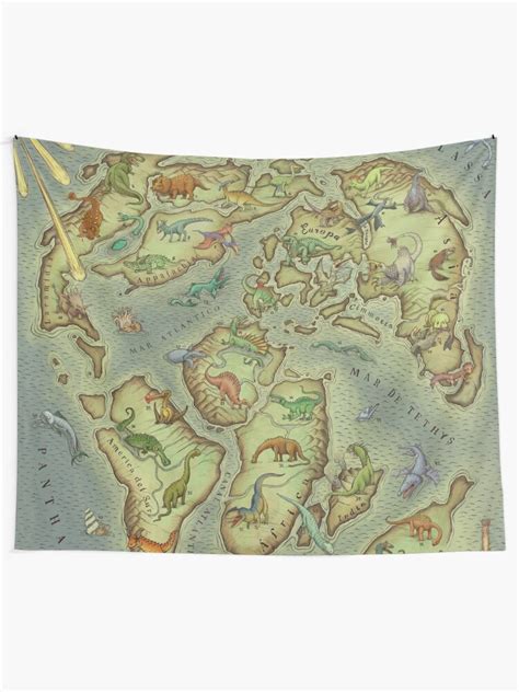 Cretaceous Period World Map Medieval Bestiary Style Tapestry For