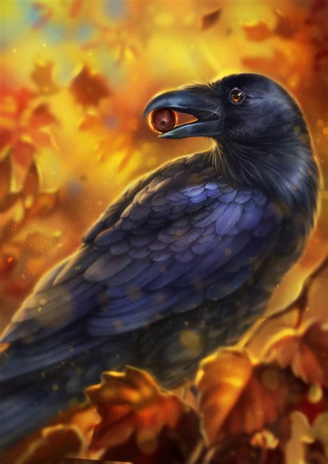 X Px P Free Download Crow Bird Art Beak Acorn Leaves HD Phone Wallpaper Peakpx