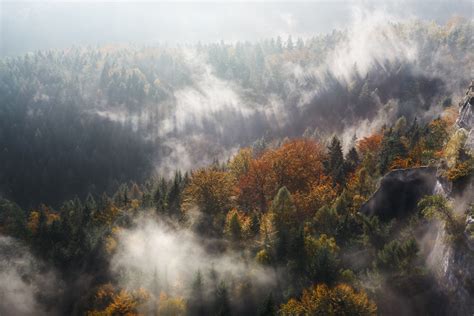 Clouds Of Fog Over Colorful Autumn Trees Near A Rock Formation Early