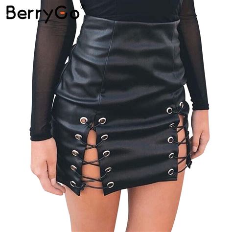 Berrygo Sexy Lace Up Pu Leather Bodycon Skirt Hollow Up Split Black Short Skirt Women Elegant