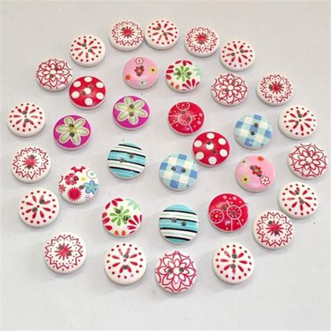 100pcs 2 Holes Mixed Printing Round Pattern Wood Buttons Scrapbooking