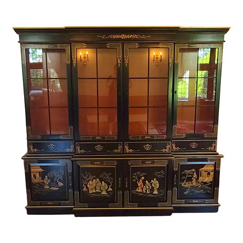 20th Century Black Lacquered Asian Chinoiserie Breakfront China Cabinet