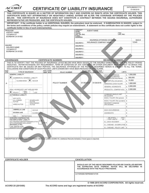 Acord Certificate Of Liability Insurance Template Get Free Templates